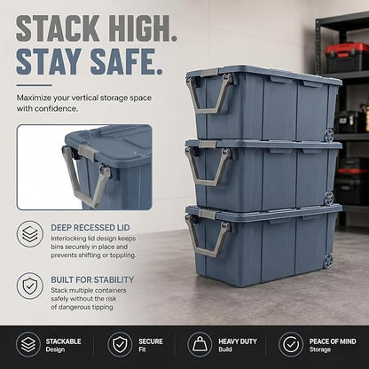 Extra Large 40 Gallon Wheeled Industrial Storage Bins, Heavy Duty Plastic Stackable Totes with Latch Lids and Pull Handle for Garage, Basement, and Moving, Blue, 2 Pack