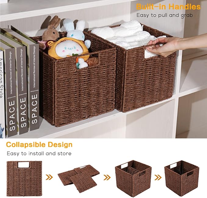Vagusicc Wicker Storage Basket, Set of 2 Hand-Woven Storage Baskets for Shelves, Foldable Cube Storage Baskets Bins with Handles, 9 inch Small Wicker Baskets for Organizing Pantry Bedroom, Brown
