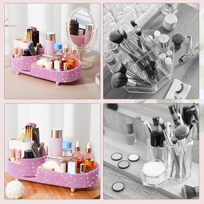 Teen Girls Mother's Day 360 Rotating Bling Makeup Organizer Gift Rhinestone Diamond Bathroom Organizer Girly Skin Care Brush Holder for Countertop, Bathroom Essentials(Pink,Pearl)