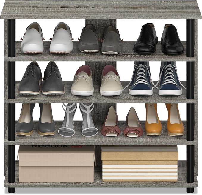 Furinno Turn-N-Tube 5 Tier Wide Shoe Rack, French Oak Grey/Black , 32 Inch