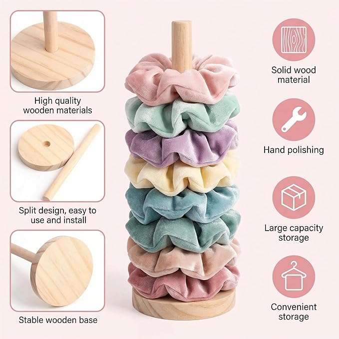 2PCS Scrunchies Holder Stand, Vertical Hair Accessories Organizers for Women Girls, Hair Ties Organizer Hairbands Tower, Wood Scrunchies Storage Display Rack for Bathroom Bedroom