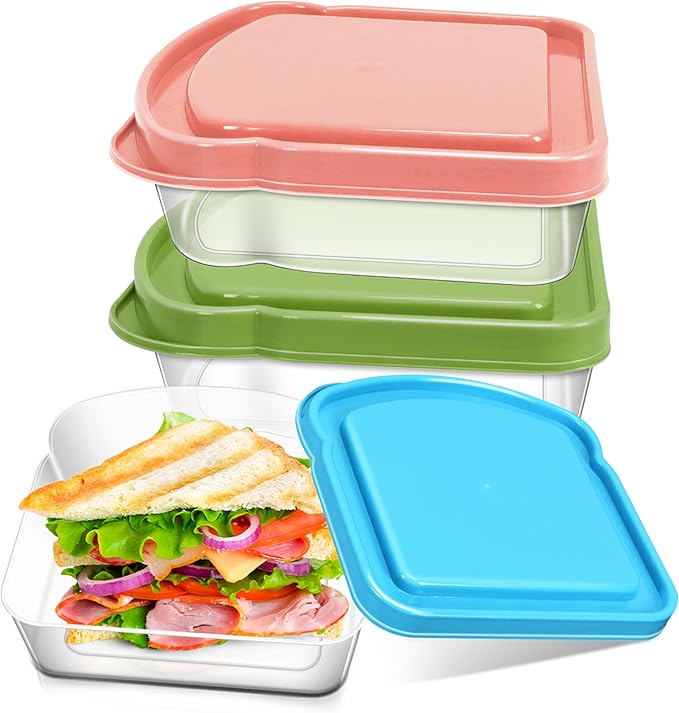 3 Pack Sandwich Containers, Colored Sandwich Boxes for Lunch, Reusable and Easy to Open Fun Sandwich Container (in 3 Colors)