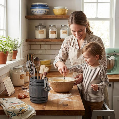 MyGift Wine Barrel Design Kitchen Utensil Crock, Vintage Gray Solid Wood Cooking Tool Holder
