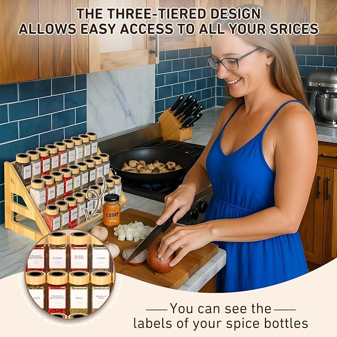 Bamboo Spice Rack - 3 Tier Spices Rack Kitchen Cabinet Organizer for Kitchen, Countertop Seasoning Storage Organizer Shelf.