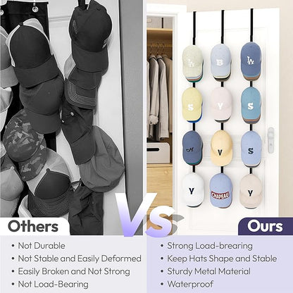SWTYMIKI Over Door Hat Rack - 3 Packs Metal Hanging Hat Organizer with 12 Hooks Design, Baseball Cap Hanger Organizer Storage Holds up to 60 Caps for Door, Bedroom, Closet