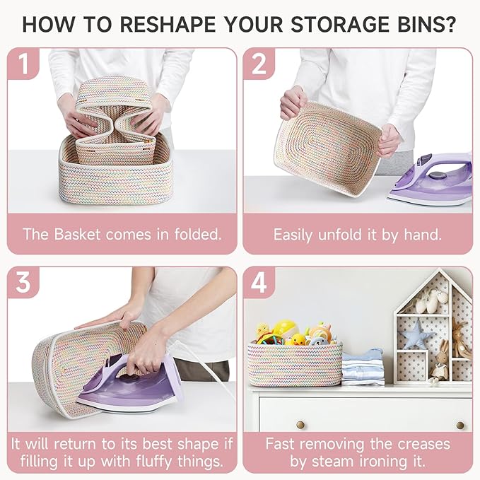 3-Pcs Shelf Baskets for Organizing, Closet Organizer Bins, Small Woven Baskets, Rope Toy Basket, Storage Basket for Shelves, Cube Decorative Box, 11.8×7.8×5.1”, Rainbow