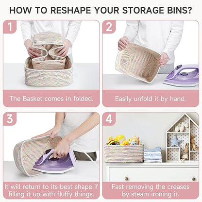3-Pcs Shelf Baskets for Organizing, Closet Organizer Bins, Small Woven Baskets, Rope Toy Basket, Storage Basket for Shelves, Cube Decorative Box, 11.8×7.8×5.1”, Rainbow