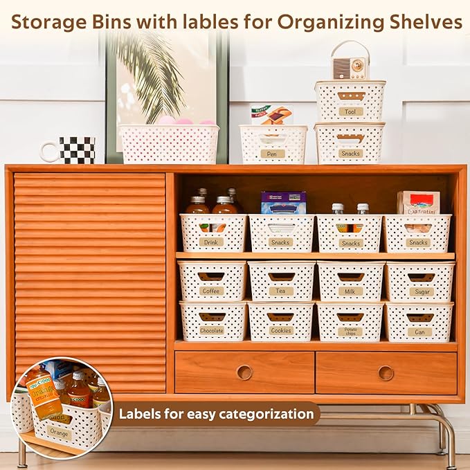 8 Pack Plastic Storage Bins with Bamboo Lids - Stackable Storage Baskets with Handle for Pantry Organizer and Storage, Plastic Containers Bins Lidded Storage Bins for Classroom Office Shelves