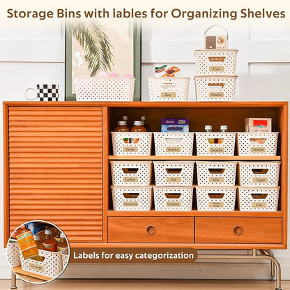 8 Pack Plastic Storage Bins with Bamboo Lids - Stackable Storage Baskets with Handle for Pantry Organizer and Storage, Plastic Containers Bins Lidded Storage Bins for Classroom Office Shelves
