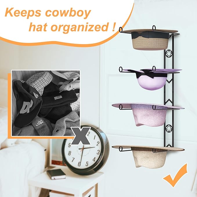 Cowboy Hat Organizer Hangers for Wall, Western Hat Rack Wall Mounted with Decorative Star, Metal Cowboy Hat Holder for Western, Cowboy, Beach, Fedora, Sun Hats (4 Pack)