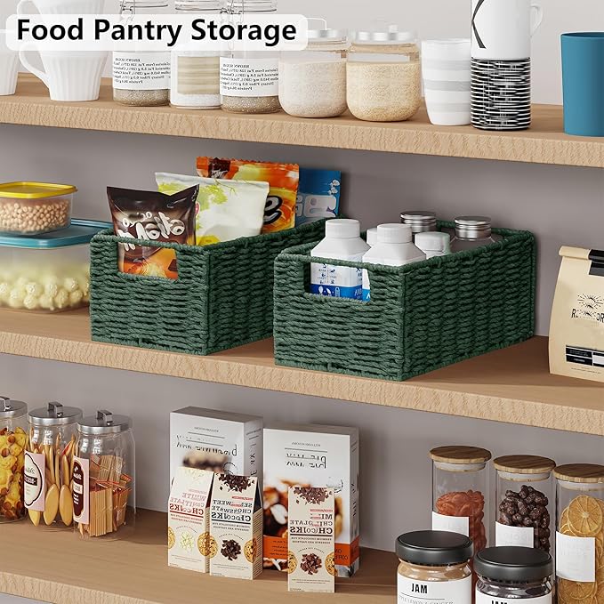 Vagusicc Wicker Storage Basket, Set of 2 Hand-Woven Paper Rope Wicker Basket, Small Storage Baskets for Organizing Toilet Paper, Foldable Small Cube Organizer Bins for Shelves and Bathroom (Green)