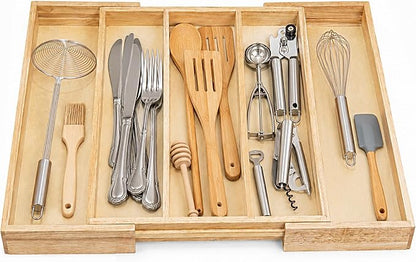 Utensil Drawer Organizer, 5 Compartment Expandable Rubberwood Silverware Tray, Cutlery Drawer Organizer for Kitchen Organization, Wooden Holder for Adjustable Storage