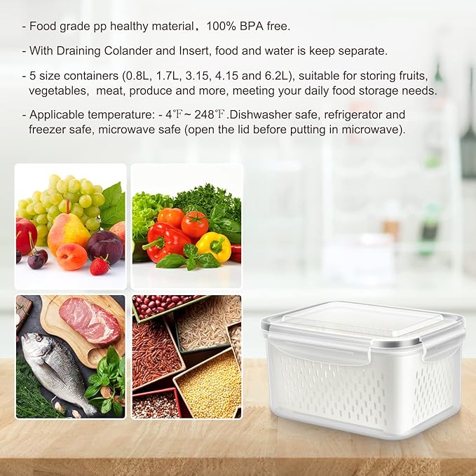 10 PS Fridge Food Storage Container with Colander, Plastic Fresh Produce Saver Keeper for Vegetable Fruit Berry Salad Lettuce Meat Fish, BPA Free Kitchen Refrigerator Organizer Bins (6.2L-0.8L)