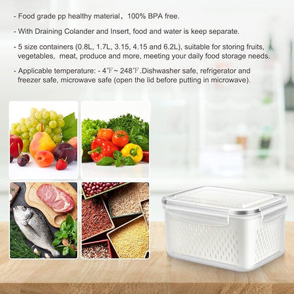 10 PS Fridge Food Storage Container with Colander, Plastic Fresh Produce Saver Keeper for Vegetable Fruit Berry Salad Lettuce Meat Fish, BPA Free Kitchen Refrigerator Organizer Bins (6.2L-0.8L)