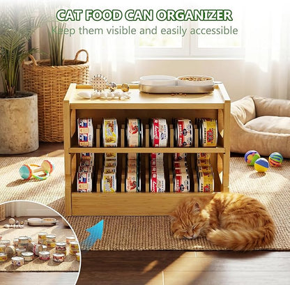 Bamboo Cat Food Can Organizer, Holds 36 (3oz) Cans, Cat Wet Food Storage Rack, Rolling Cat Food Can Dispenser for Pantry