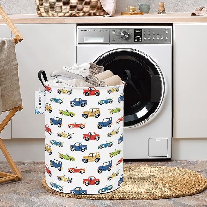 Round Car Themed Laundry Basket,Collapsible Laundry Hamper for Boys,Cute Vehicle Truck Print Storage Bin,Waterproof Toy Storage for Kids Room,Nursery,Playroom,New Parent Gift (Car)