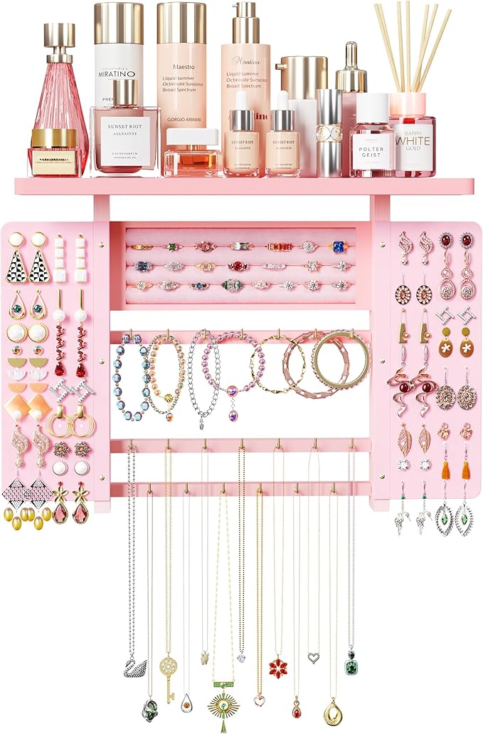 Emfogo Jewelry Organizer Hanging Wall Mounted Jewelry Holder, 5-in-1 Large Capacity Wood Necklace Organizer Wall Display for Ring, Necklaces, Bracelets, Earrings (Pink)