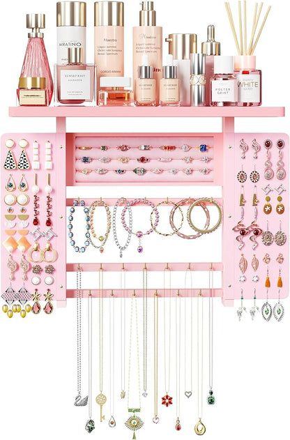 Emfogo Jewelry Organizer Hanging Wall Mounted Jewelry Holder, 5-in-1 Large Capacity Wood Necklace Organizer Wall Display for Ring, Necklaces, Bracelets, Earrings (Pink)