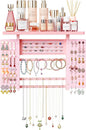 Emfogo Jewelry Organizer Hanging Wall Mounted Jewelry Holder, 5-in-1 Large Capacity Wood Necklace Organizer Wall Display for Ring, Necklaces, Bracelets, Earrings (Pink)