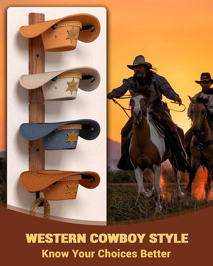 Midukit Cowboy Hat Rack for Wall, Cowboy Hat Holder for 4 with Hooks,Wooden Rustic Metal Hanger for Wall with Pine Board,Western Baseball Hat Rack Holder for Fedora, Sun Hats (4 Hats)