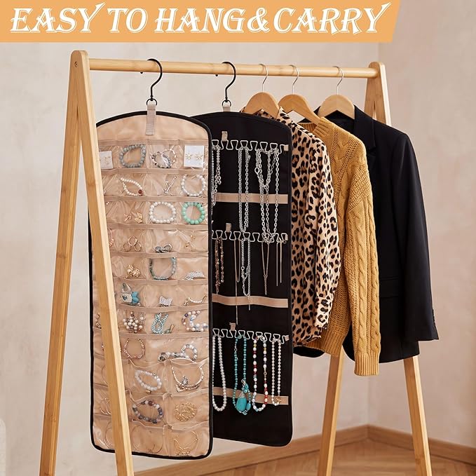 4 Pack Hanging Jewelry Organizer Storage with 39 Pockets, 30 Necklace Hooks Double Sided Wall Mount Earring Holder Organizer Bracelet Necklace Jewelry Display Hanger for Closet Door (Black)