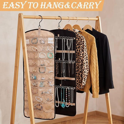4 Pack Hanging Jewelry Organizer Storage with 39 Pockets, 30 Necklace Hooks Double Sided Wall Mount Earring Holder Organizer Bracelet Necklace Jewelry Display Hanger for Closet Door (Black)