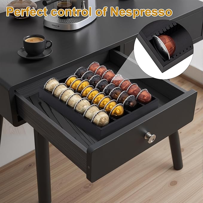 MinBoo Bamboo Coffee Capsule Storage Drawer Tray, Bamboo Drawer Insert Organizer Holds Coffee Pods, Compatible with Vertuoline Capsules, Suitable for Kitchen, Home, Office,Black
