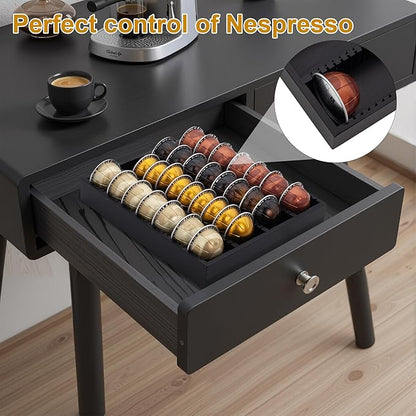 MinBoo Bamboo Coffee Capsule Storage Drawer Tray, Bamboo Drawer Insert Organizer Holds Coffee Pods, Compatible with Vertuoline Capsules, Suitable for Kitchen, Home, Office,Black