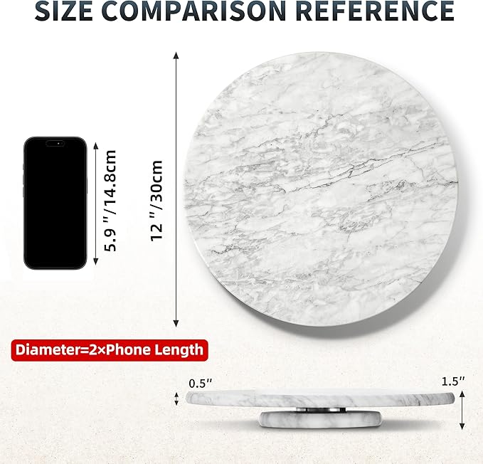 Marble Lazy Susan, 12" Lazy Susan Board with Silent Rotating, Natural Marble Cake Turntable for Countertop Kitchen Turntable Storage, Cupcake, Food, Centerpieces