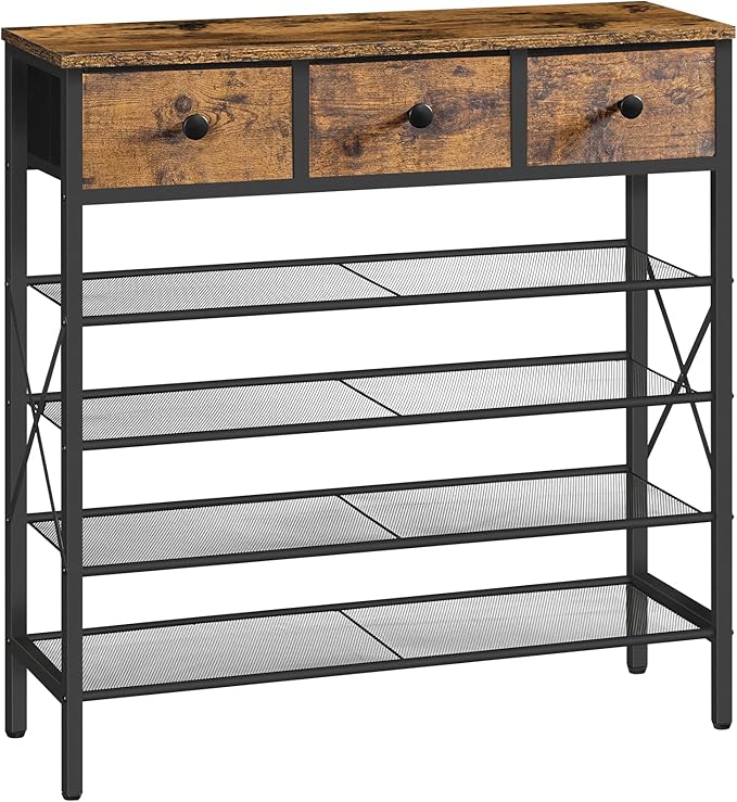 YATINEY 5-Tier Shoe Rack with 3 Drawers, Metal Shoe Organizer for 20 Pairs with Storage Shelves and Wooden Top, for Entryway, Hallway, Foyer, Closet, Rustic Brown and Black SS35BR