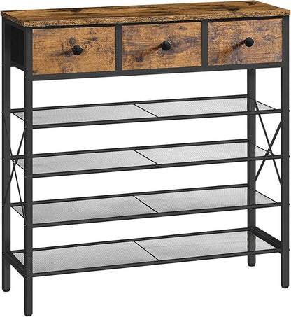 YATINEY 5-Tier Shoe Rack with 3 Drawers, Metal Shoe Organizer for 20 Pairs with Storage Shelves and Wooden Top, for Entryway, Hallway, Foyer, Closet, Rustic Brown and Black SS35BR
