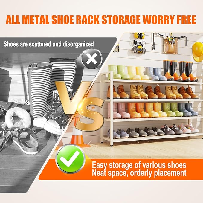 4-Tier Shoe Rack, Large Capacity Metal Free Standing Shoes Rack, Sturdy and Durable Shoe Organizer, Shoe Shelf for Closet, Entryway, Bedroom, for 24-28 Pairs, 42.1" W x 9.8" D x 27.6" H, White