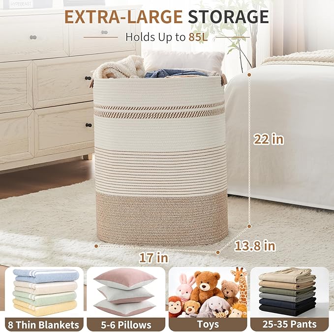 AINUOQI Laundry Basket with Handles - Blanket Basket & Hampers for Bedroom Aesthetic, Laundry Hamper & Blanket Storage for Living Room, Clothes Hamper, Tall, Large 17" x 14" x 22”, Light Brown & White