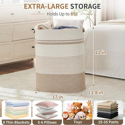 AINUOQI Laundry Basket with Handles - Blanket Basket & Hampers for Bedroom Aesthetic, Laundry Hamper & Blanket Storage for Living Room, Clothes Hamper, Tall, Large 17" x 14" x 22”, Light Brown & White