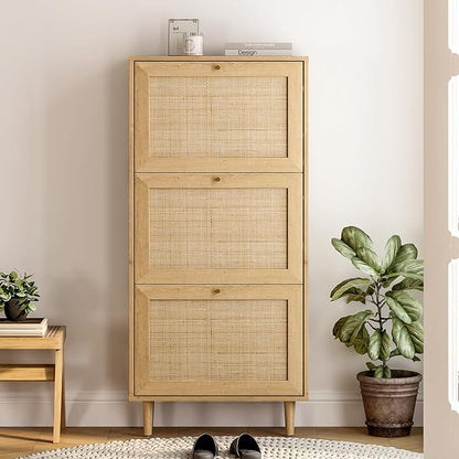 Narrow Shoe Cabinet with 3 Flip Drawers Hidden Freestanding Shoe Rack with Rattan Doors Wooden Shoe Storage Cabinet with Solid Wood Legs for Entryway Slim Hallway Apartment， Natural Oak