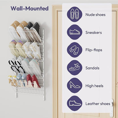 SWTYMIKI Over the Door Shoe Organizer - Adjustable 4 Tier Hanging Shoe Rack Organizer, Metal Heavy Duty Behind Door Storage or Wall Mount Shoes Shelf for Flats, Heels, Sneakers, Boots