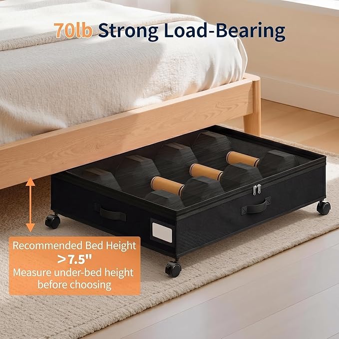 Yecaye 80L Under Bed Storage with Wheels, 2 Pack Under Bed Storage Containers with Lids for Clothes, Shoes and Blankets, Metal Rolling Underbed Storage Drawers for Bedrooms and Dorms, Black