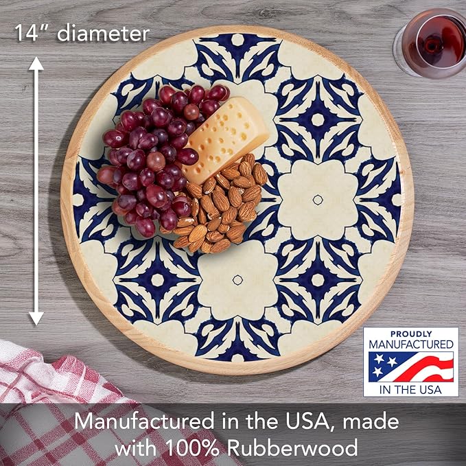 CounterArt Decorative Round Natural Wood Lazy Susan Turntable 14" Diameter Condiment Caddy, Cheese Server, Cake Plate, Spice Organization (Blue Tile Floral)