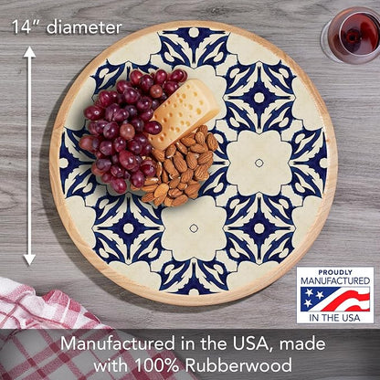 CounterArt Decorative Round Natural Wood Lazy Susan Turntable 14" Diameter Condiment Caddy, Cheese Server, Cake Plate, Spice Organization (Blue Tile Floral)