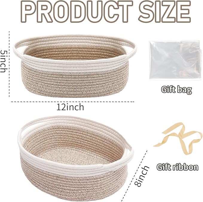 JMvicyroam Woven Basket,Small Rope Storage Bin with Handles & Ribbon Bag, Organizer for Shelves Closets,Gift Basket Empty for Birthday,Books,Dog Toys, White&Oatmeal/3 Pack