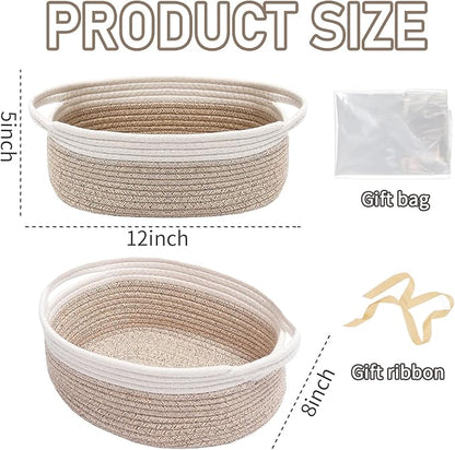 JMvicyroam Woven Basket,Small Rope Storage Bin with Handles & Ribbon Bag, Organizer for Shelves Closets,Gift Basket Empty for Birthday,Books,Dog Toys, White&Oatmeal/3 Pack