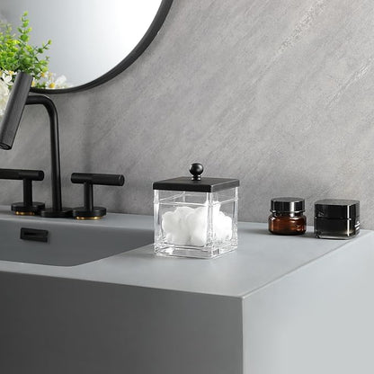 Clear Transparent Hotel Style Apothecary Tempered Glass Canister Jar W/ Matte Black Metal Lid Cover, Classic Countertop Organizer for Cotton balls/pads, Floss Picks, Makeup Storage