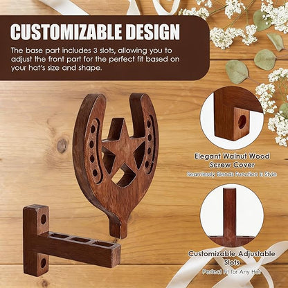 Horseshoe Cowboy Hat Holder for Wall – Rustic Wooden Western Hat Rack, Wall Mounted Hat Organizer for Cowboy Hats, Fedora, Baseball Caps – Farmhouse Entryway Closet Decor (Brown)