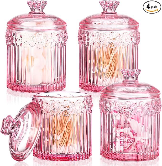 Hushee 4 Pcs Crystal Glass Candy Jar Set with Lids Home Decorative Storage Jars for Apothecary, Bathroom, Kitchen, and Pantry, Ideal for Cotton Swabs and Jewelry(Pink)