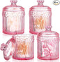 Hushee 4 Pcs Crystal Glass Candy Jar Set with Lids Home Decorative Storage Jars for Apothecary, Bathroom, Kitchen, and Pantry, Ideal for Cotton Swabs and Jewelry(Pink)