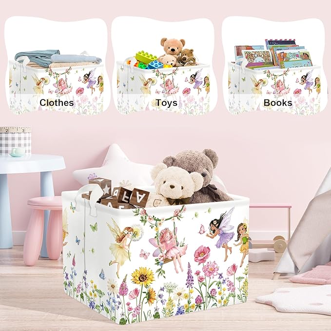 Clastyle Lovely Princess Laundry Basket Kids Clothes Book Storage Basket Gift Toy Box for Bedroom Decor,Flower Fairy,40x30x30 cm