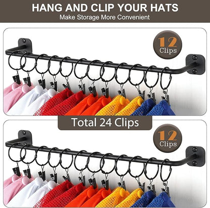 Hat Rack for Wall 24 Baseball Caps Modern Metal Hat Organizer with 24 Clips Hat Holder Wall-Mounted Storage Display for Closet Bedroom Entryway Laundry 2 Pack