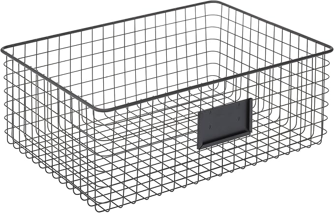 mDesign Wide Steel Wired Storage Organizer Bin Baskets with Label Slot for Kitchen Pantry, Cabinet, Organizing Holder for Food, Drinks, Snacks, Produce, Omaha Collection, 2 Pack, Matte Black