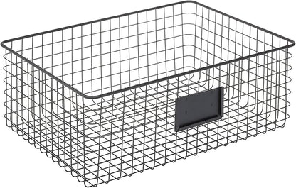mDesign Wide Steel Wired Storage Organizer Bin Baskets with Label Slot for Kitchen Pantry, Cabinet, Organizing Holder for Food, Drinks, Snacks, Produce, Omaha Collection, 2 Pack, Matte Black
