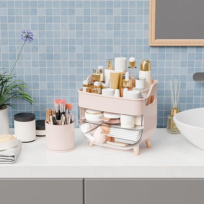 Yieach Pink Make up Organizer for Countertop,Vanity,Large Capacity Bathroom Makeup Skincare Organizers With Brush Holder,Makeup Storage Organizer for Lotion,Beauty Products,Skin Care,Makeup Display